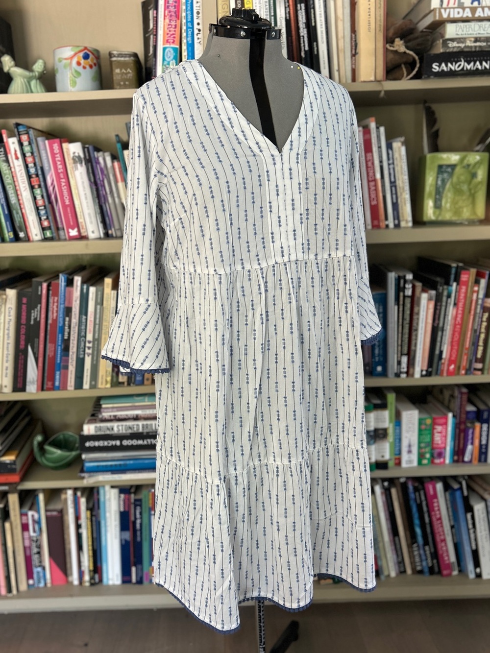 Pure Jill Elements White Blue Stripe Tiered Bell Sleeve Mini Dress | Size XL